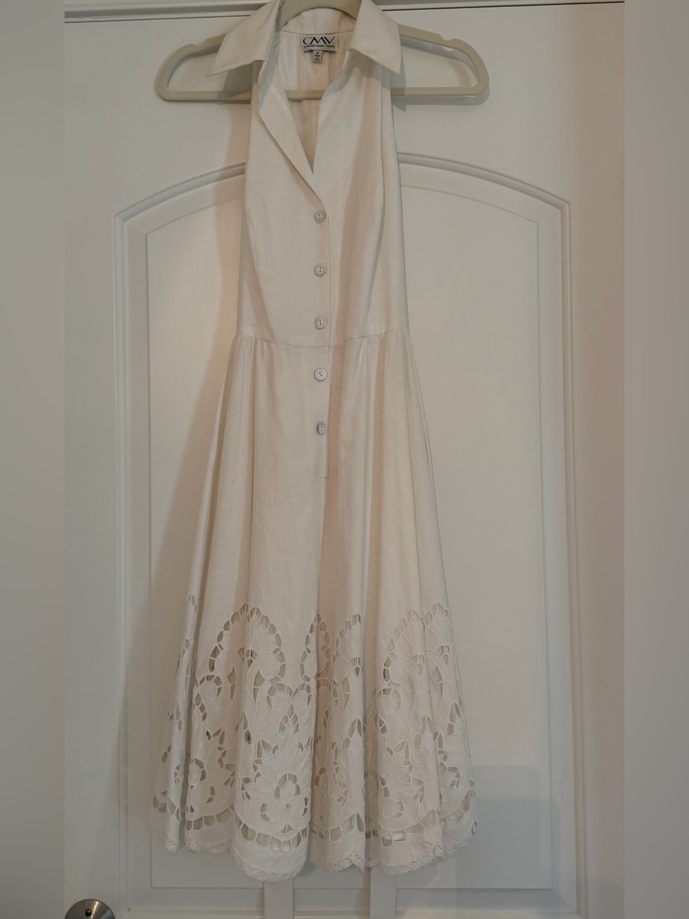 Carmen Marc Valvo Off White Button Front Eyelet Midi Dress in linen blend
